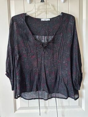Mango Black Floral Tie-Neck Peasant Blouse